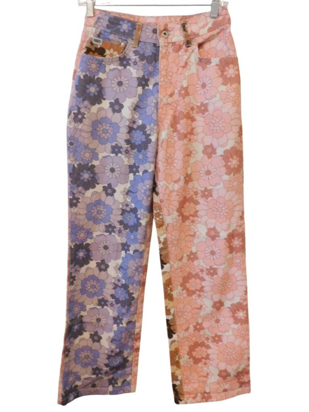 Ragged Priest Sz 25 26 Half Floral Jeans Two Tone Retro 70s Wide Leg High Rise